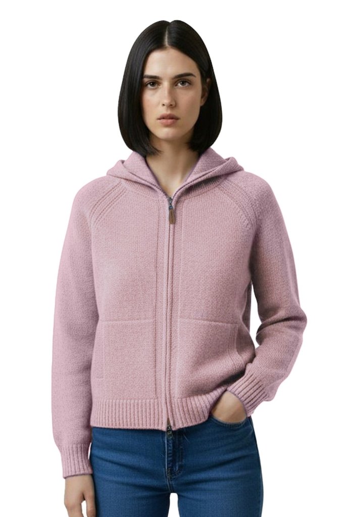 Cashmere Polo Club Claire Ladies Hooded Full Zip Cardigan with Aran Knit Front Pixie - 100% Cashmere - Fragrance London