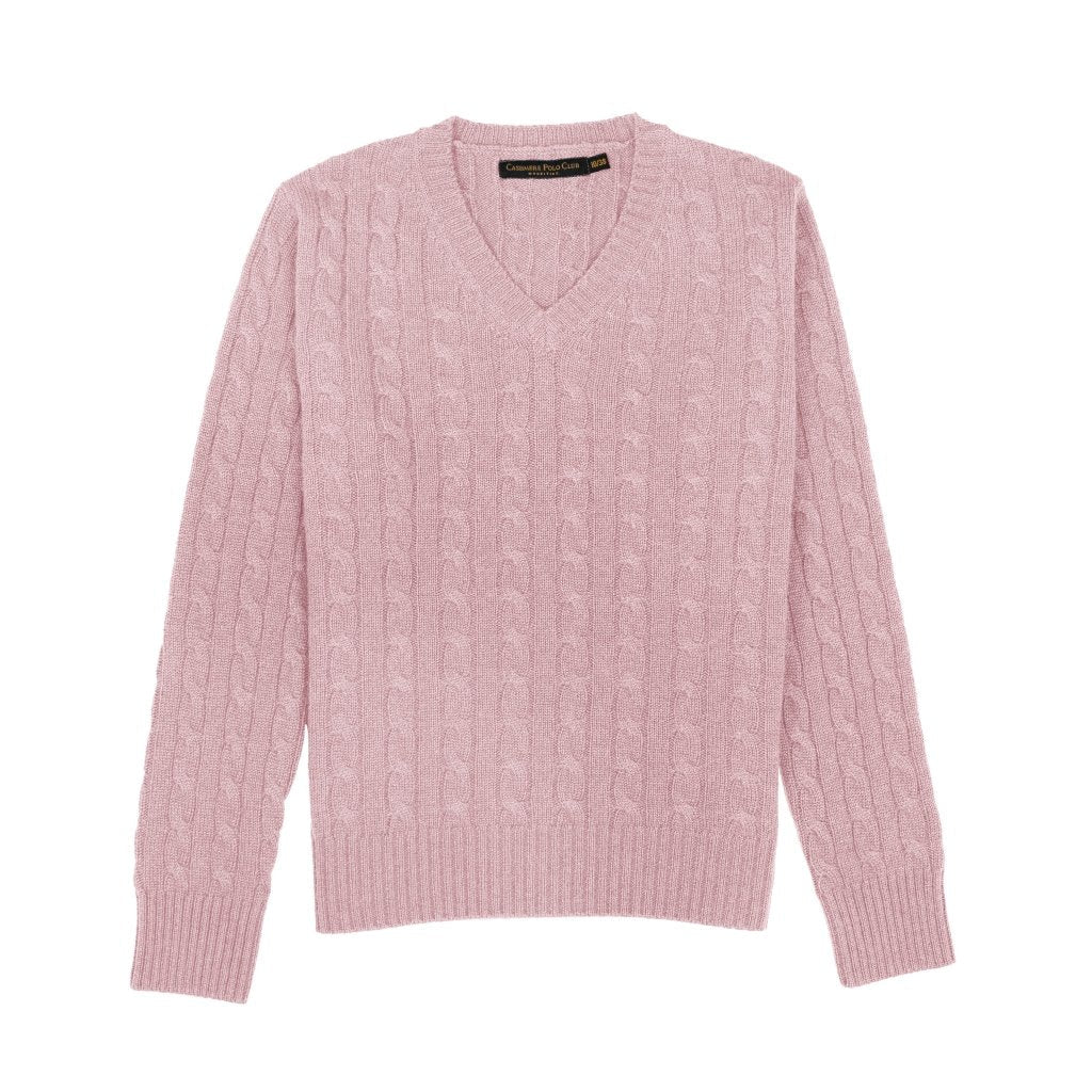 Cashmere Polo Club Larisa Ladies V - Neck Pullover Allover Cable Knit Pixie - 100% Cashmere - Fragrance London
