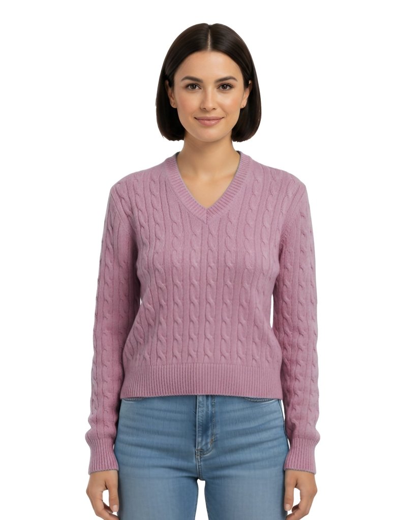 Cashmere Polo Club Larisa Ladies V - Neck Pullover Allover Cable Knit Pixie - 100% Cashmere - Fragrance London