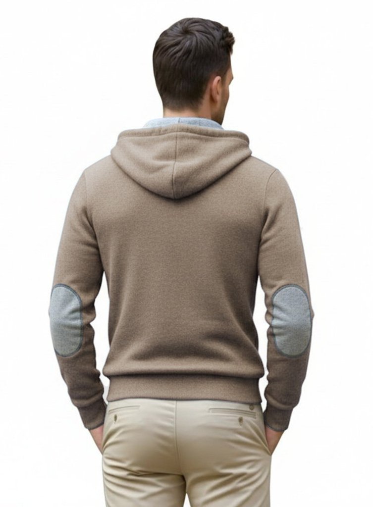 Cashmere Polo Club Logan Men’s Inner Contrast Hooded Full Zip Cardigan Eco Stone - 100% Cashmere - Fragrance London