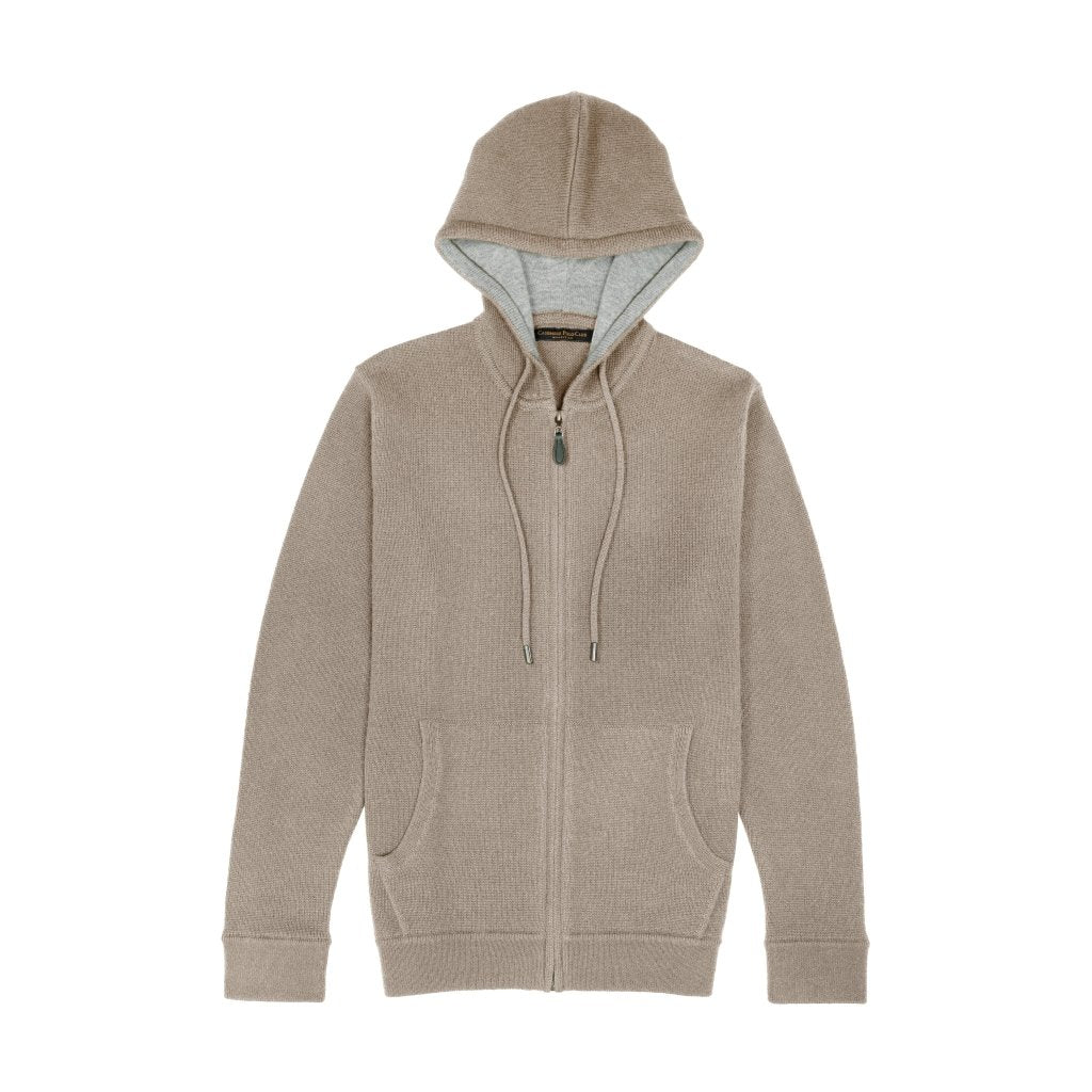 Cashmere Polo Club Logan Men’s Inner Contrast Hooded Full Zip Cardigan Eco Stone - 100% Cashmere - Fragrance London
