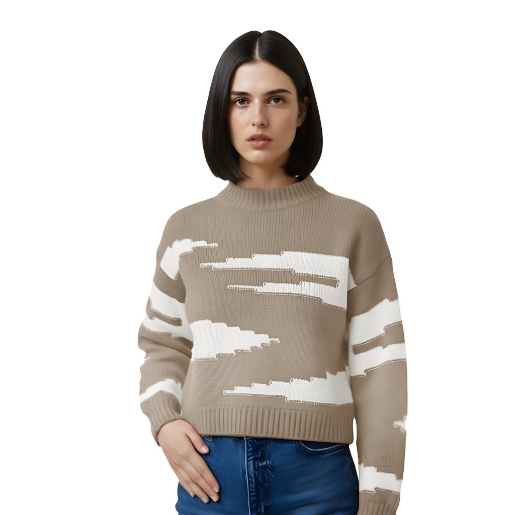 Cashmere Polo Club Zuri Ladies Round Neck Pullover Intarsia Knit Eco Stone - 100% Cashmere - Fragrance London