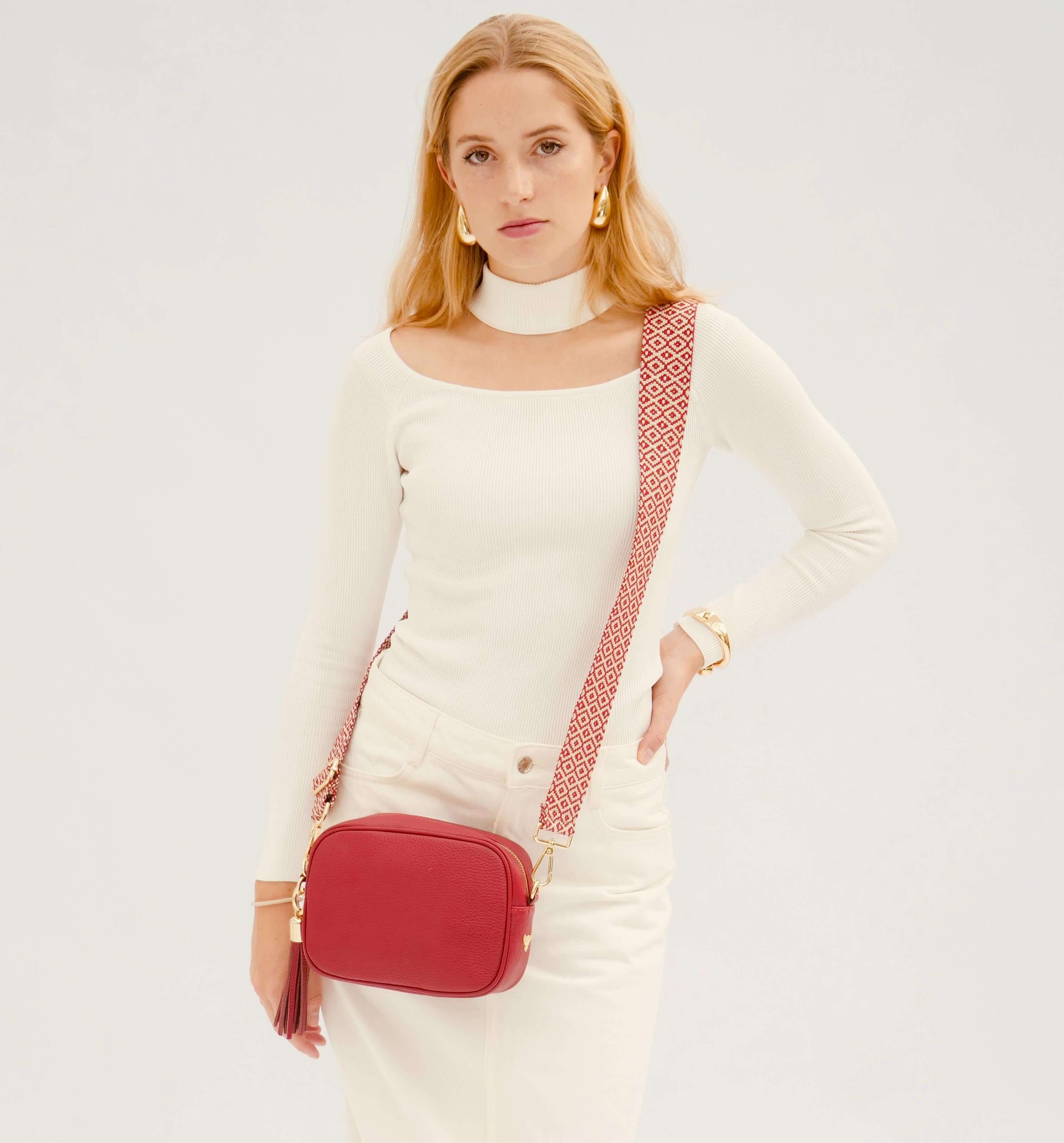 Apatchy London The Tassel Cherry Leather Crossbody Bag With Cross-Stitch Strap