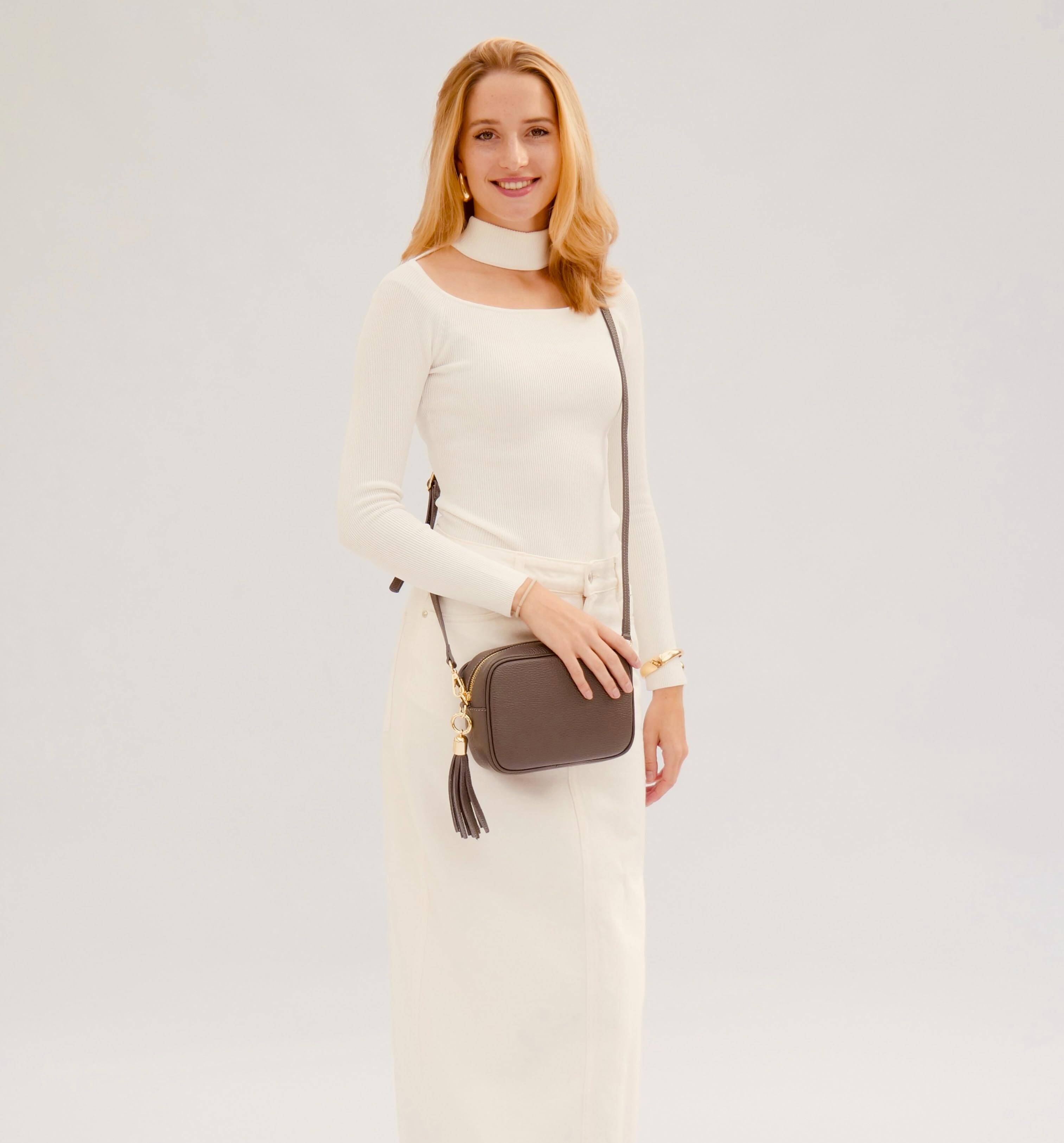 Apatchy London The Tassel Dark Grey Leather Crossbody Bag With Midnight Zigzag Strap