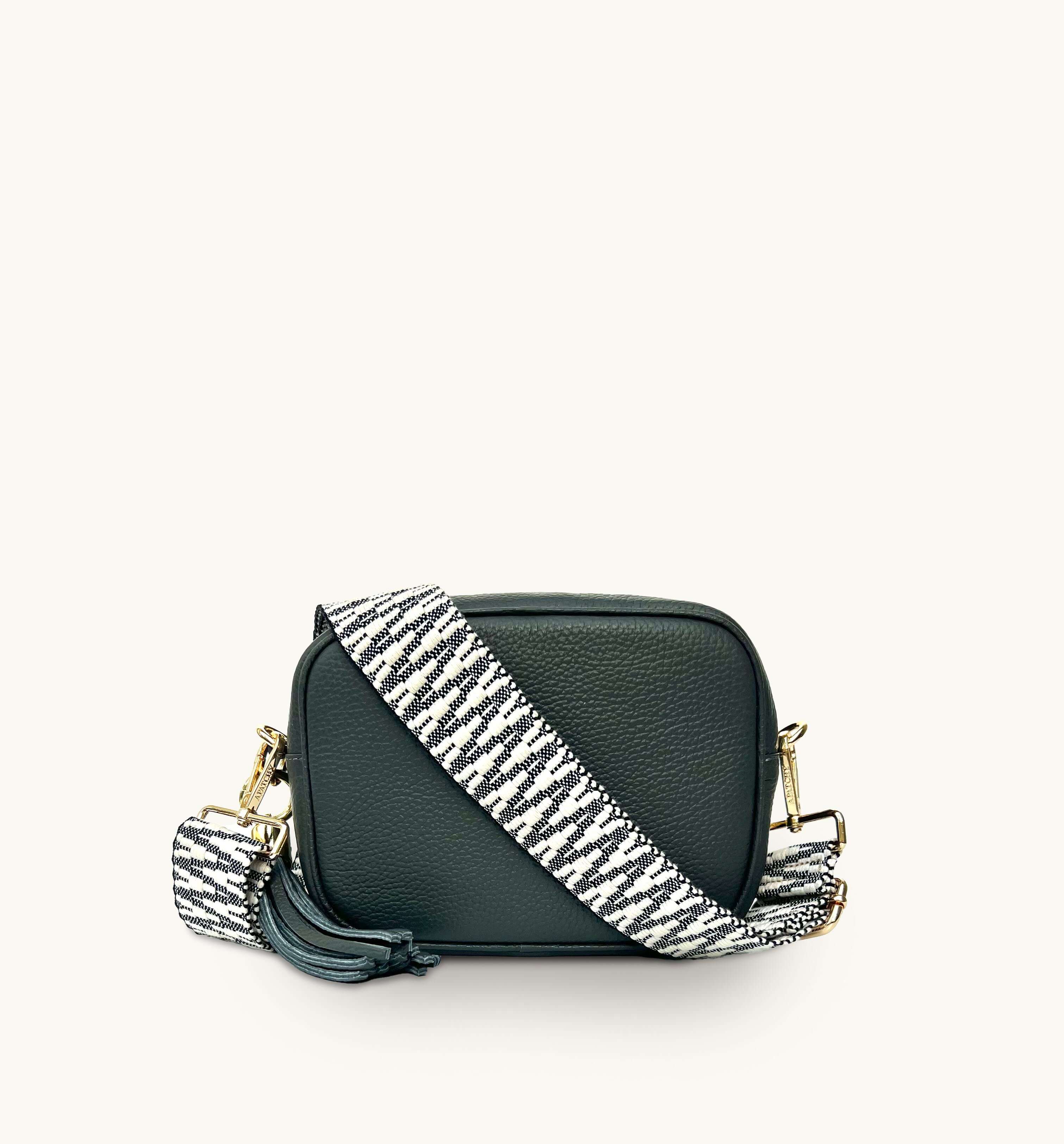 Apatchy London The Tassel Dark Grey Leather Crossbody Bag With Midnight Zigzag Strap