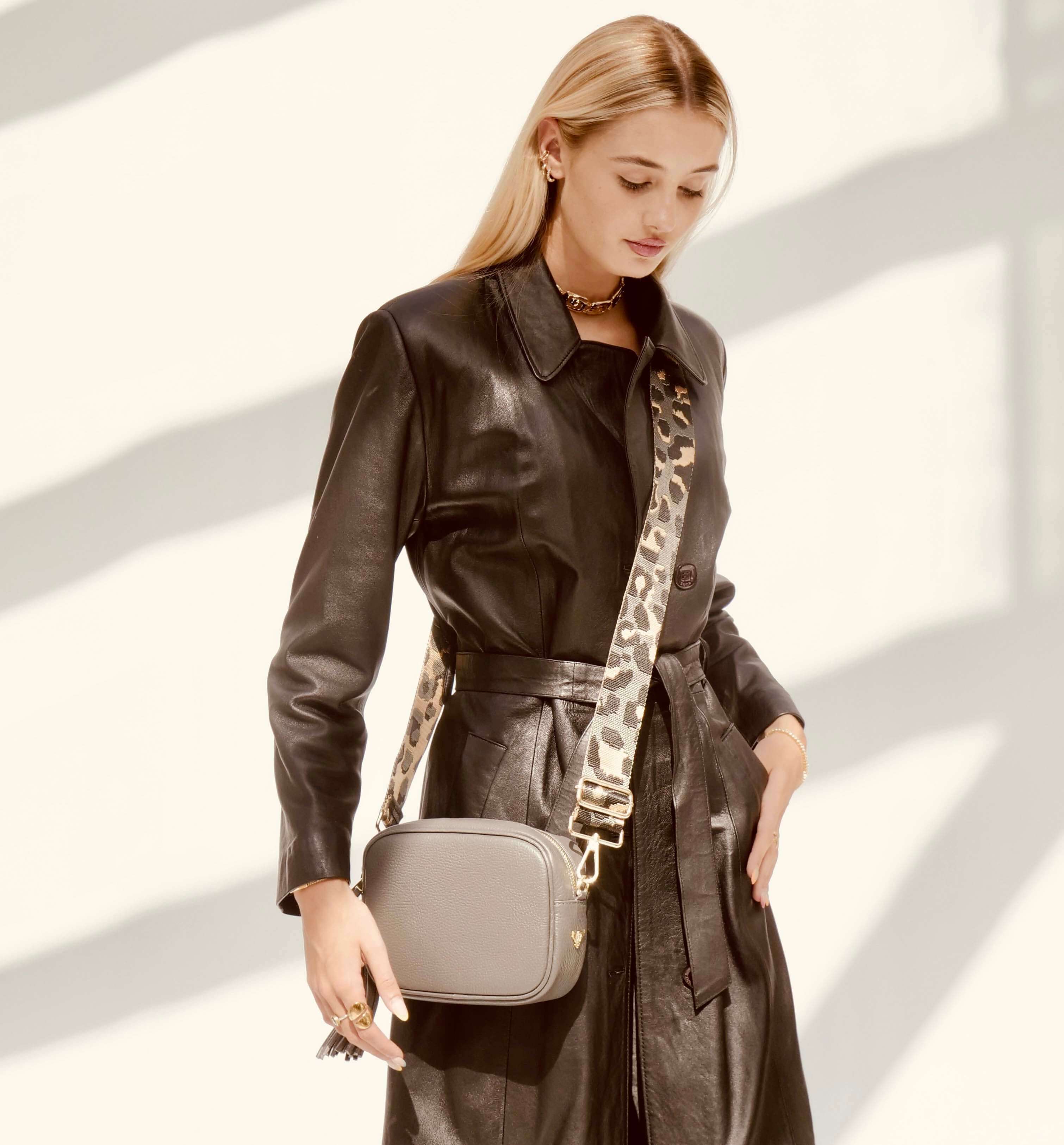 Apatchy London The Tassel Leather Crossbody Bag With Grey Leopard Strap