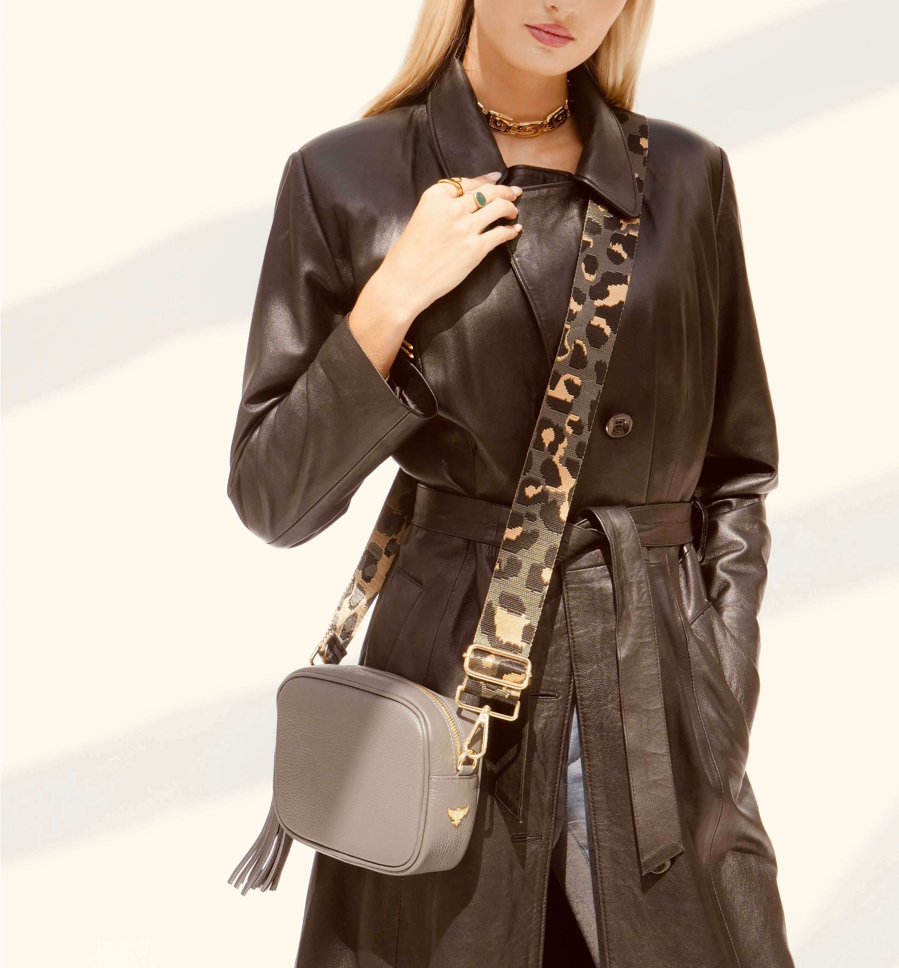 Apatchy London The Tassel Leather Crossbody Bag With Grey Leopard Strap