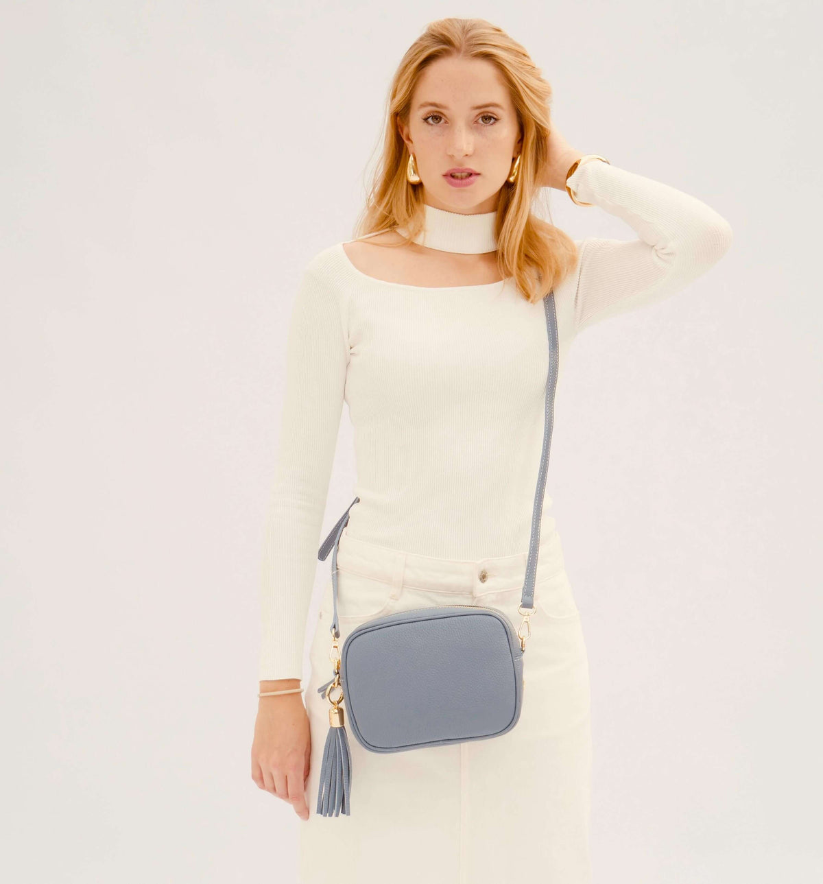 Apatchy London The Tassel Denim Blue Leather Crossbody Bag With Denim Blue Chevron Strap