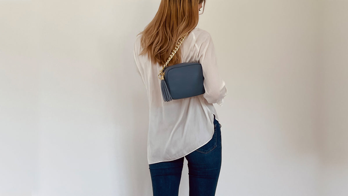 Apatchy London The Tassel Denim Blue Leather Crossbody Bag With Gold Chain Strap