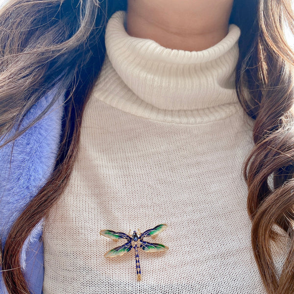 QueenMee Dragonfly Brooch in Enamel with Crystal