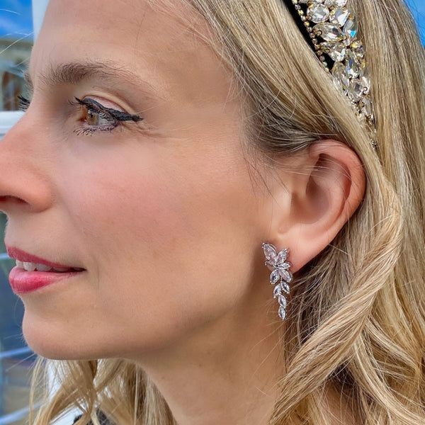 QueenMee Drop Earrings Vintage Inspired Floral in Crystal