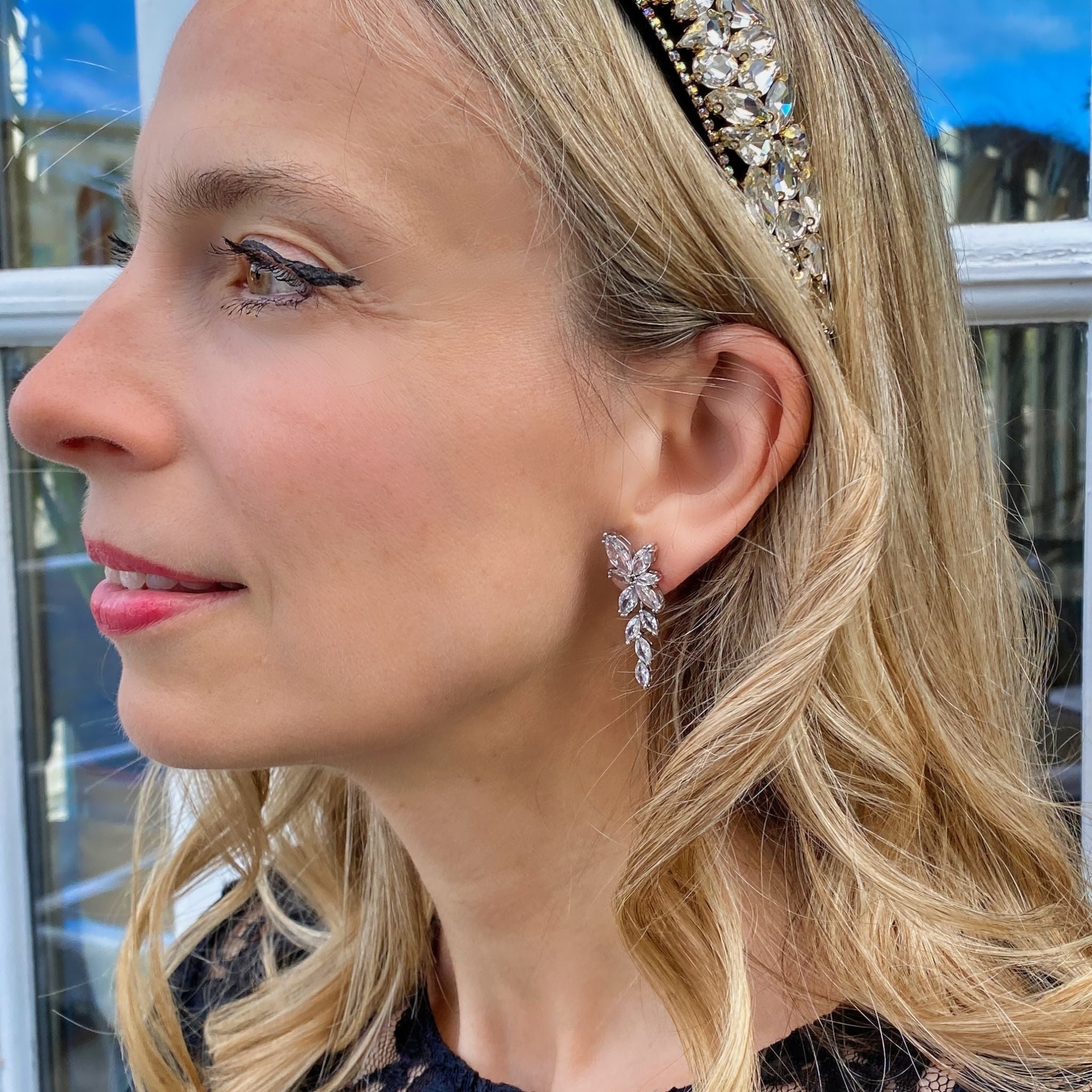 QueenMee Drop Earrings Vintage Inspired Floral in Crystal