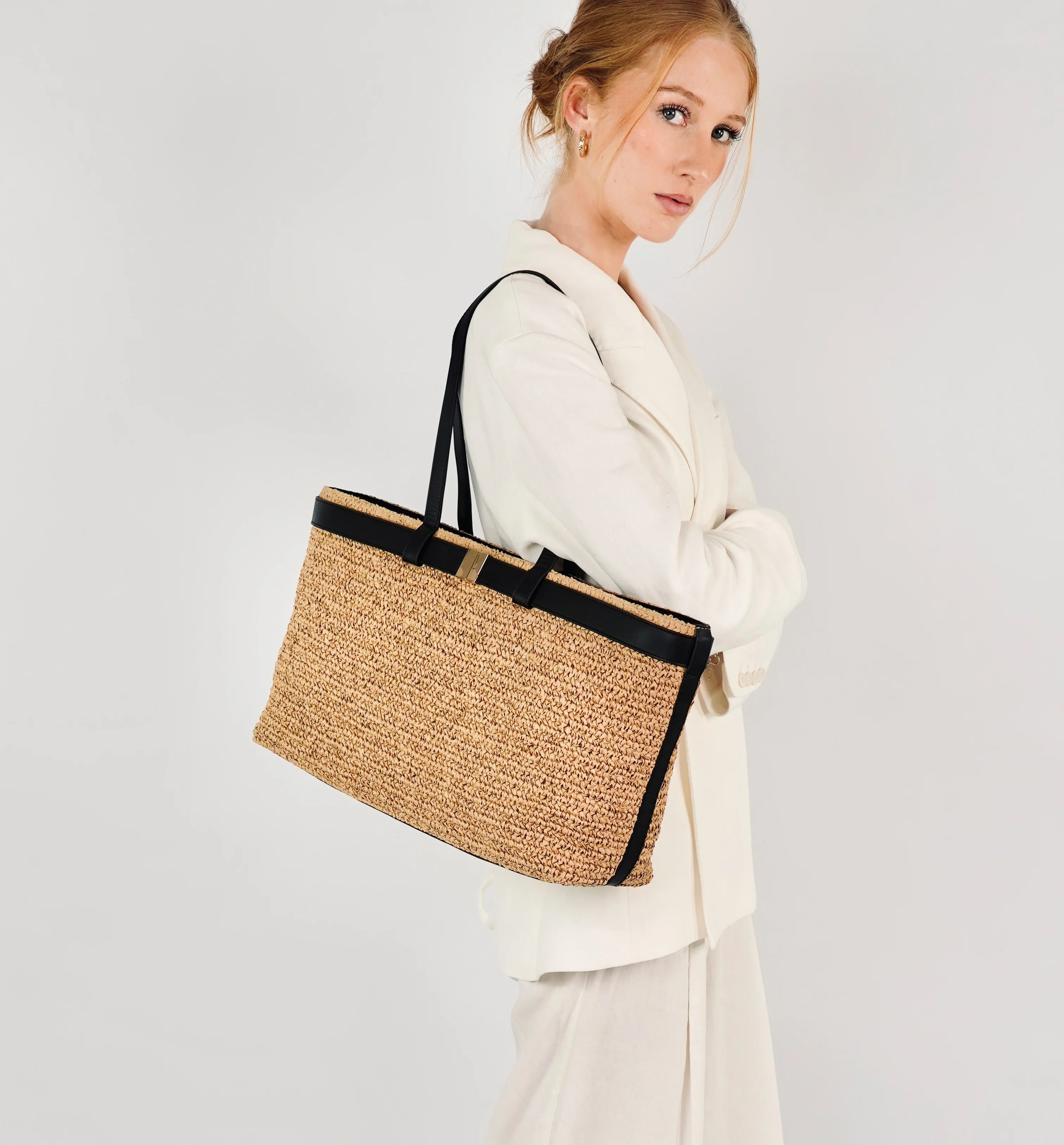 Apatchy London The Esme Raffia Tote Bag with Leather Trim