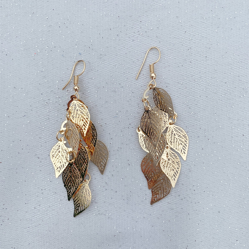 QueenMee Gold Dangly Earrings Boho Earrings Leaf