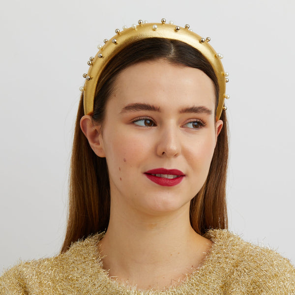 QueenMee Gold Padded Headband with Pearls