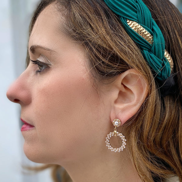 QueenMee Gold Pearl Earrings Circular Vintage Inspired
