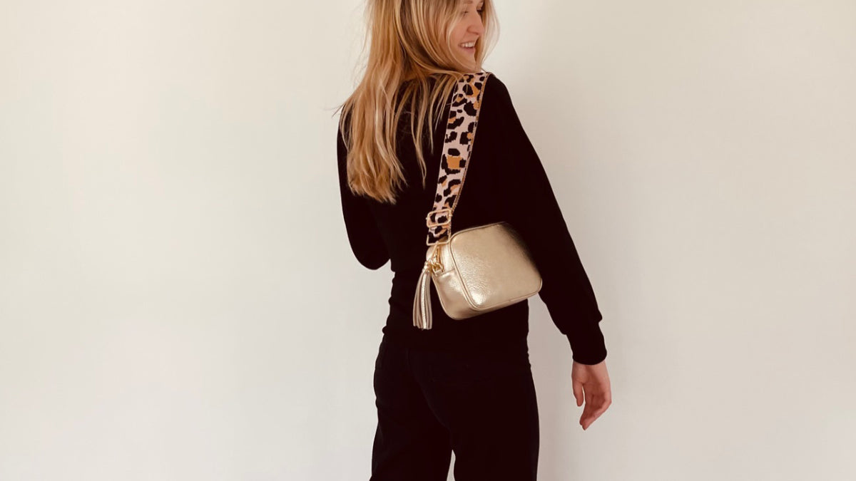 Apatchy London The Tassel Leather Crossbody Bag With Navy Leopard Strap