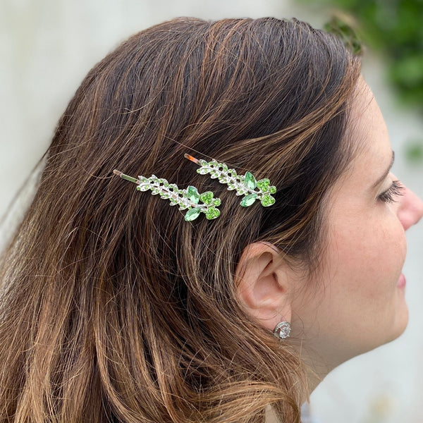 QueenMee Green Hair Slides Green Hair Clips Sparkly Hair Grips Floral Set of 2