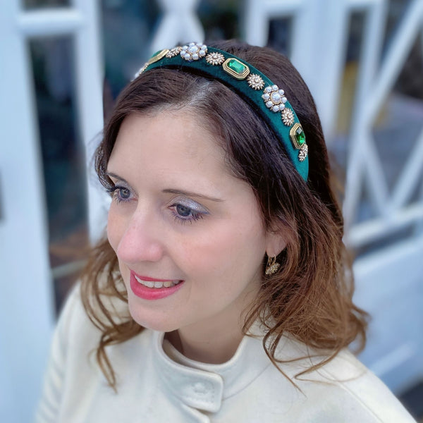 QueenMee Green Velvet Headband with Pearls Wedding Guest Hair Band