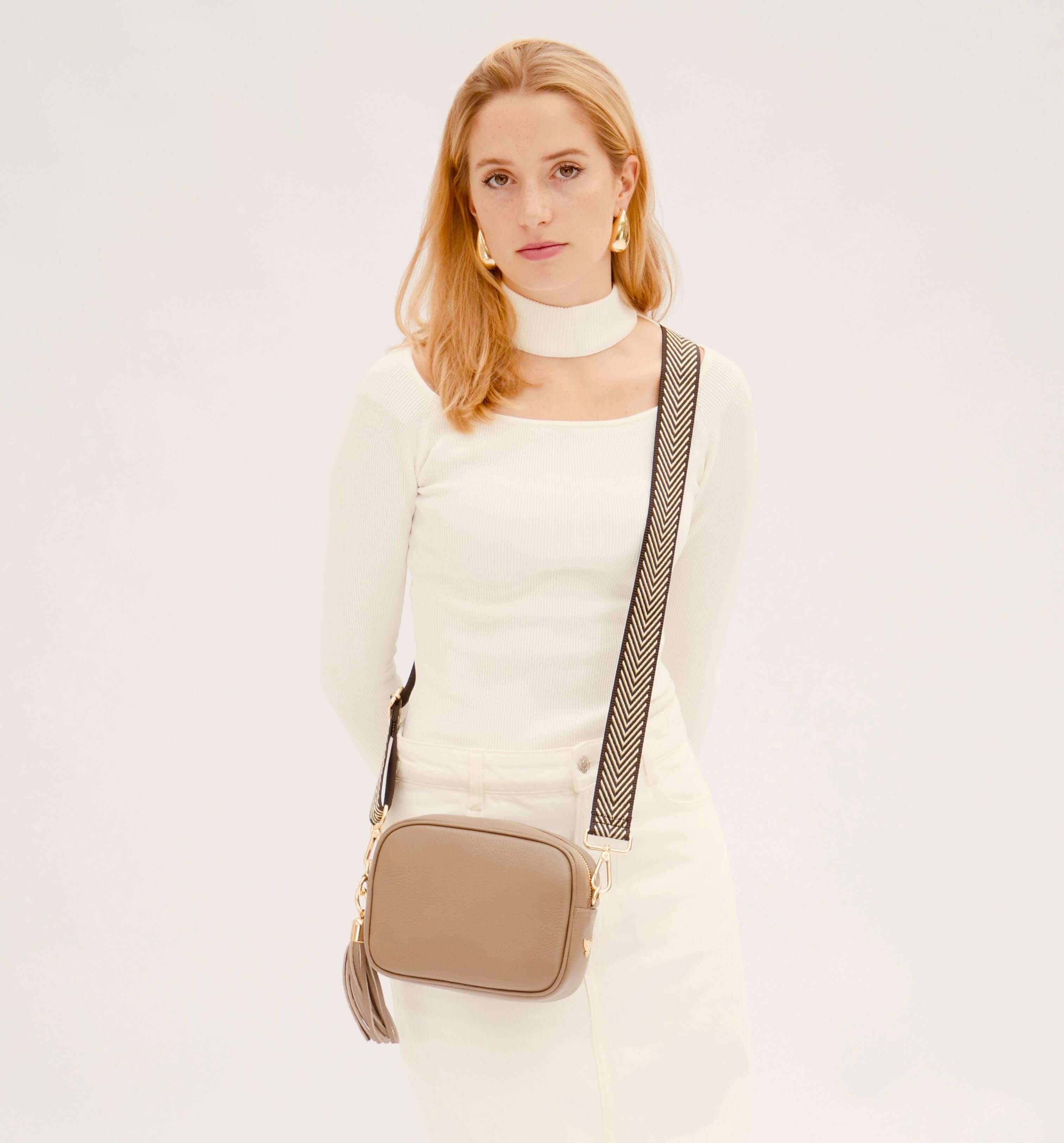 Apatchy London The Tassel Latte Leather Crossbody Bag With Black & Gold Chevron Strap