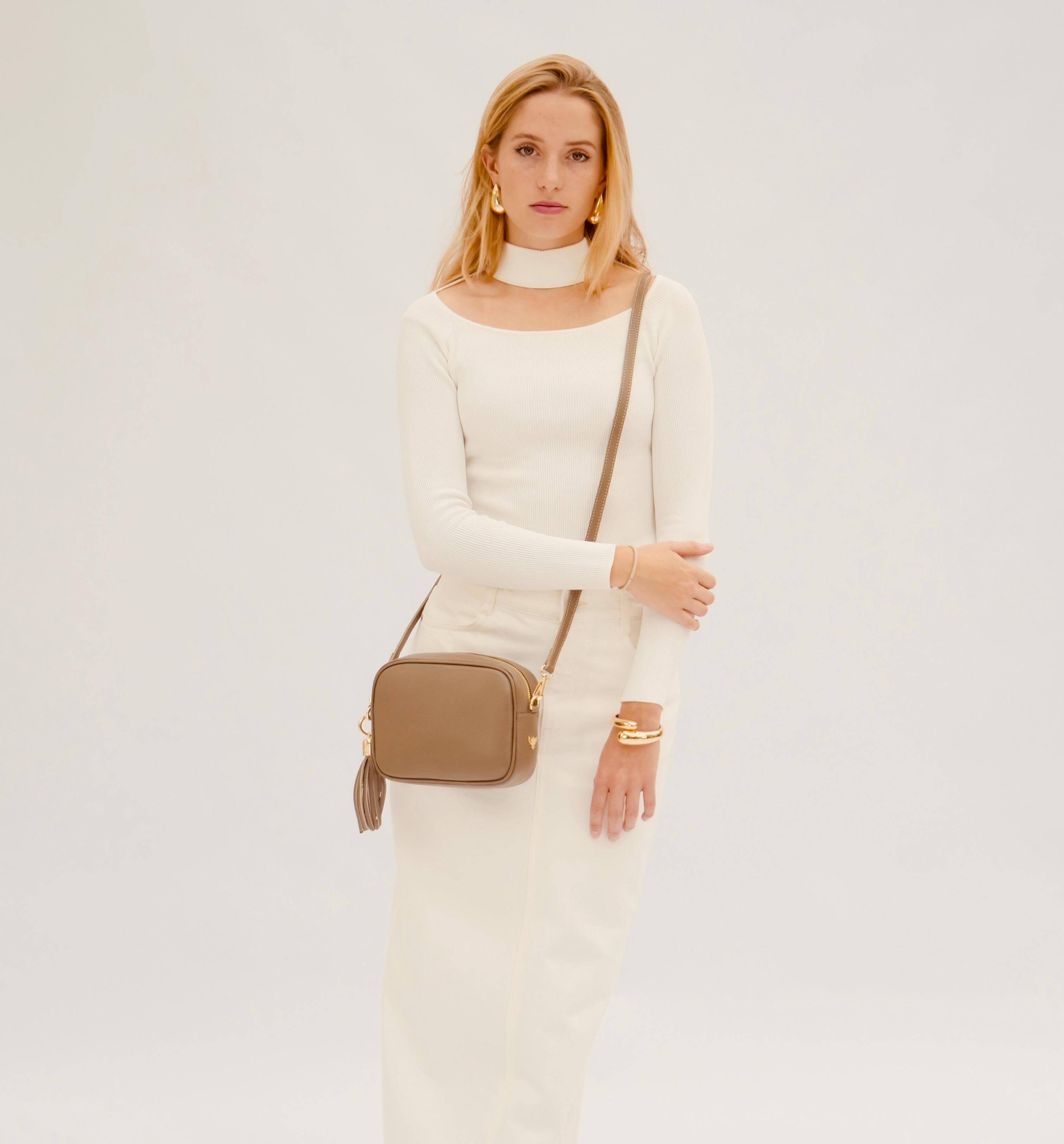 Apatchy London The Tassel Latte Leather Crossbody Bag With Black & Gold Chevron Strap