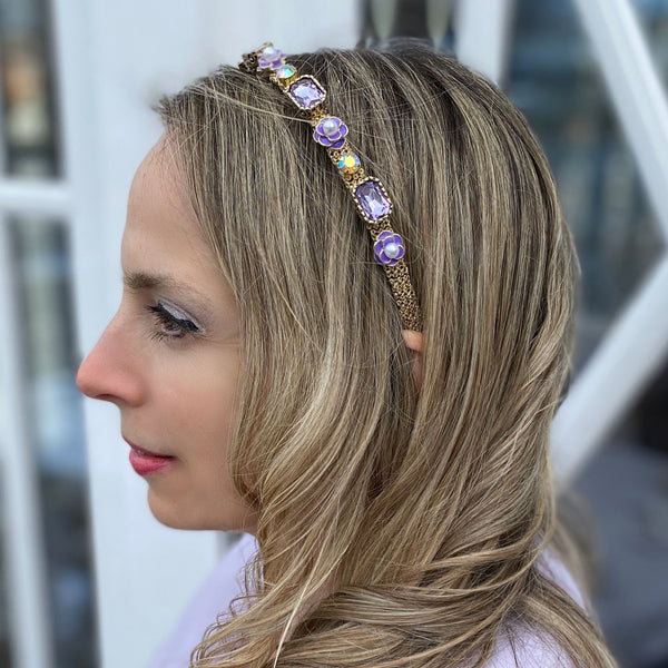 QueenMee Lilac Headband For Wedding Lilac Hair Band Gold Skinny Hair Band Flower Hair Band