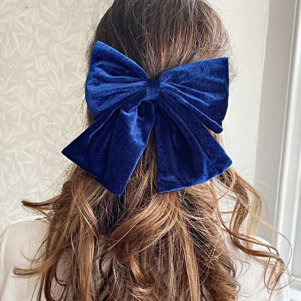 QueenMee Navy Hair Bow Blue Velvet Bow Hair Clip