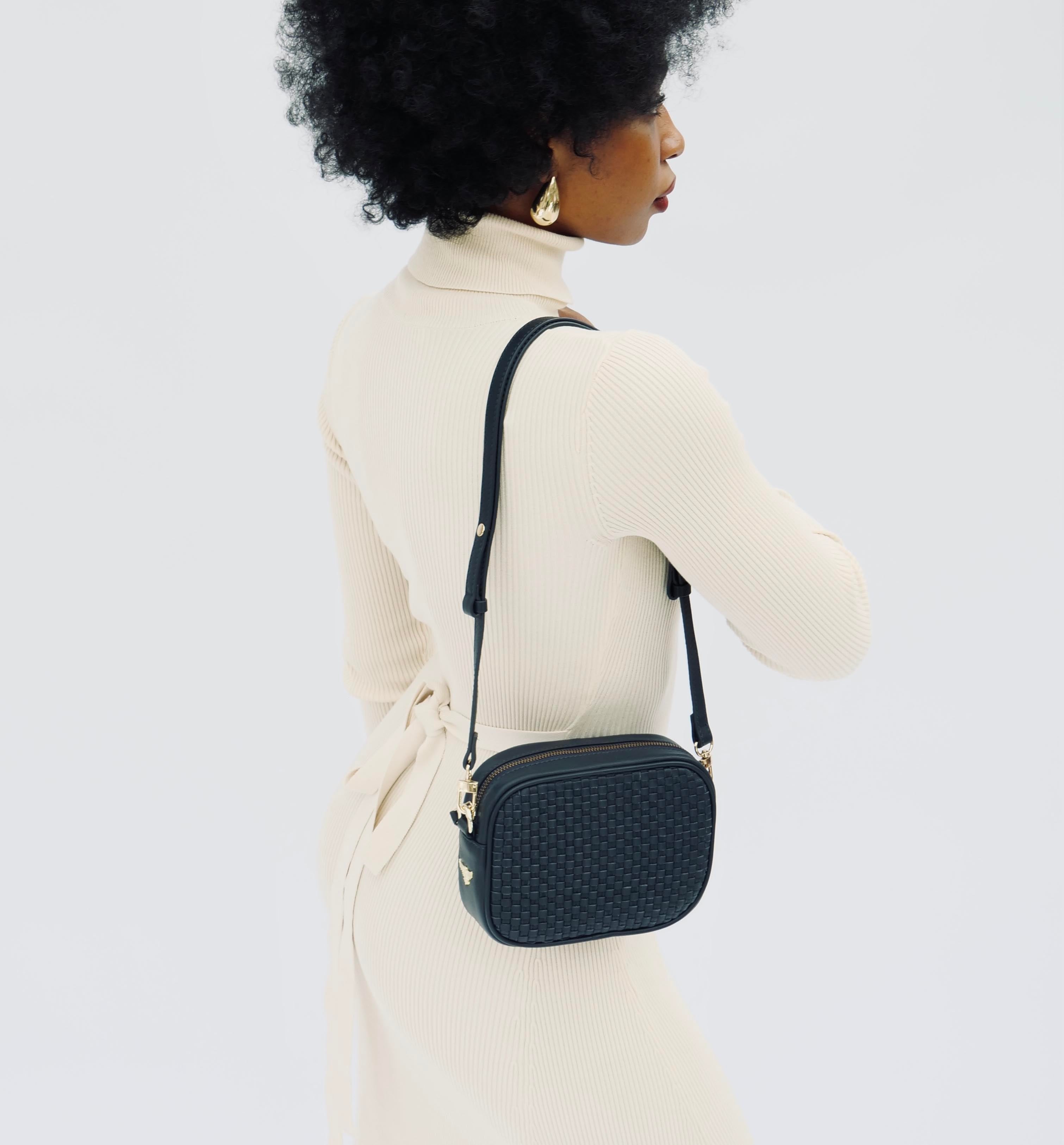 Apatchy London The Penelope Navy Woven Leather Camera Bag