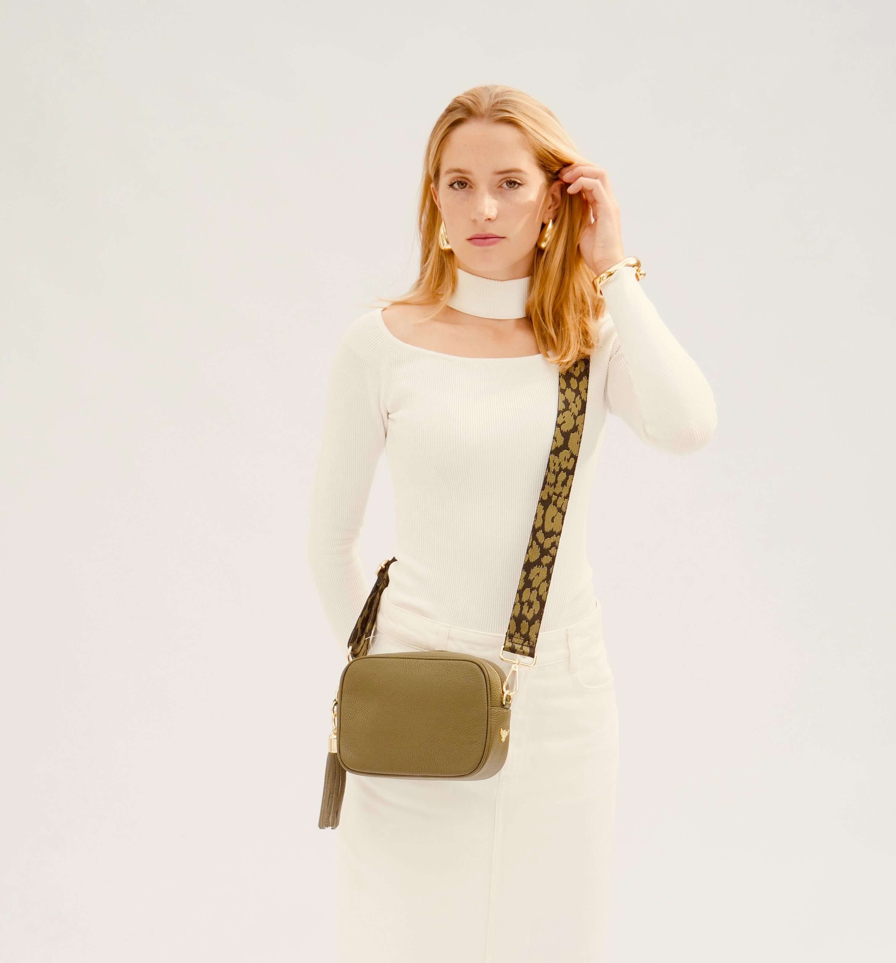 Apatchy London The Tassel Olive Green Leather Crossbody Bag With Olive Green Cheetah Strap