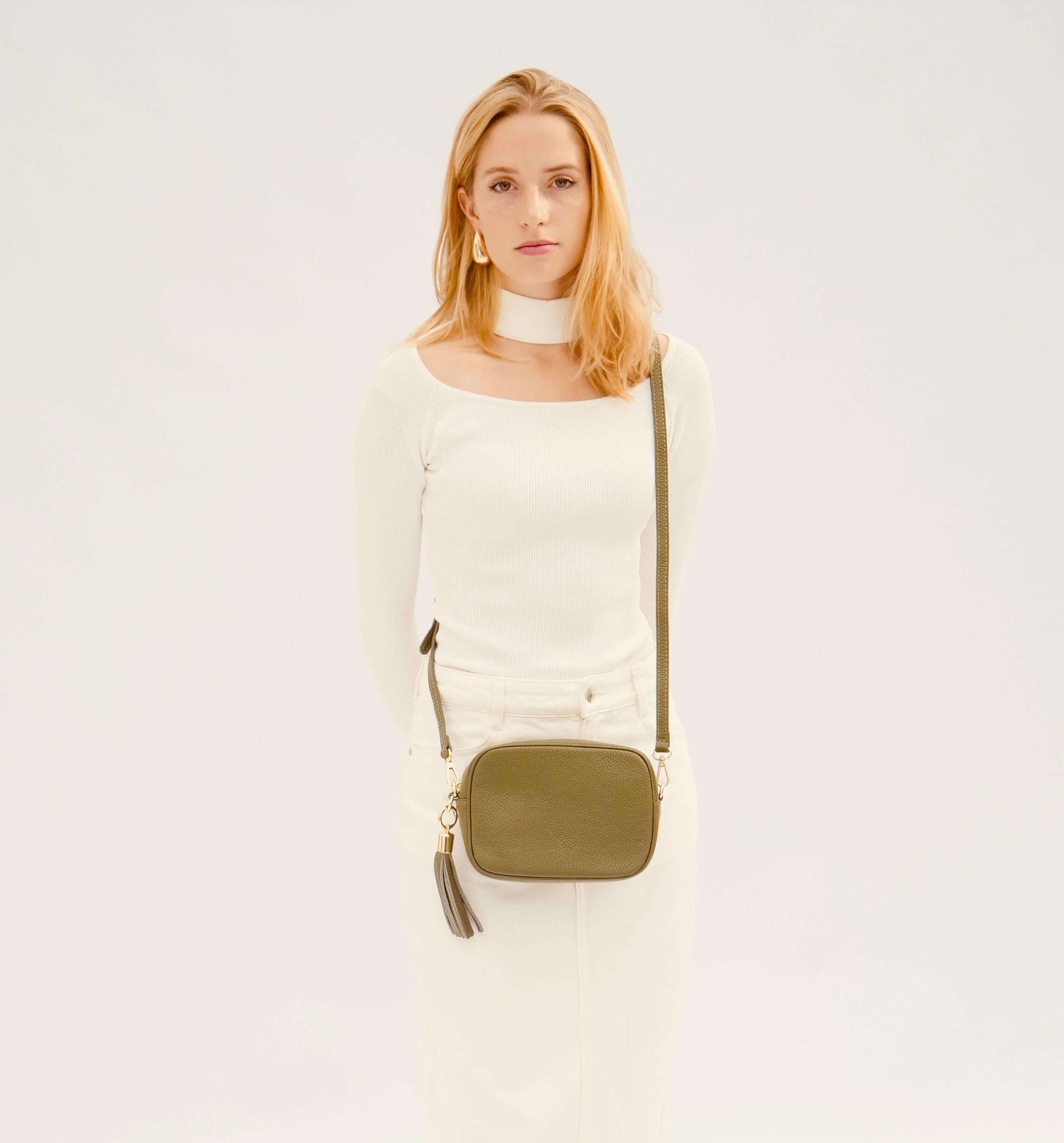 Apatchy London The Tassel Olive Leather Crossbody Bag