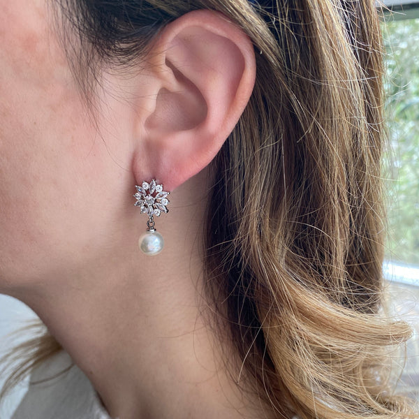 QueenMee Pearl Drop Earrings in Silver Floral Diamante