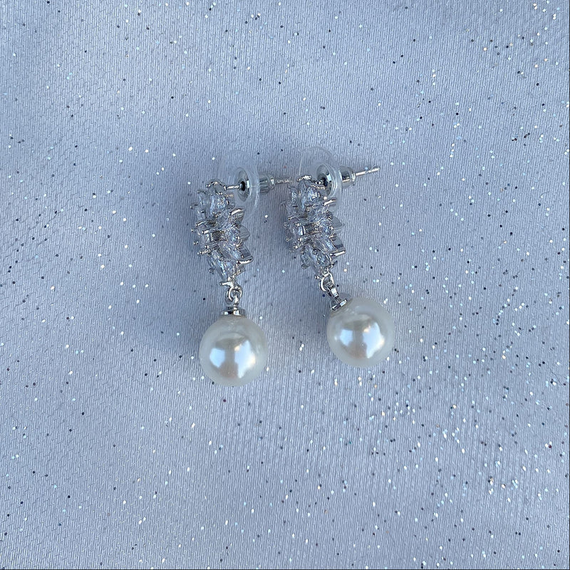 QueenMee Pearl Drop Earrings in Silver Floral Diamante