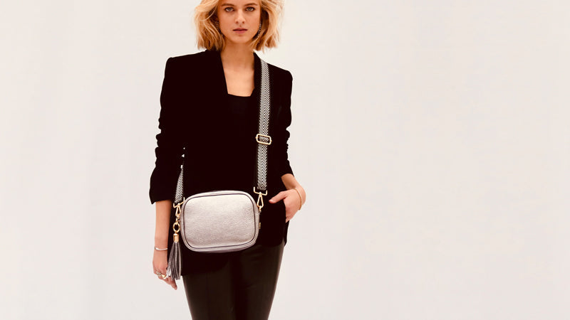 Apatchy London The Tassel Pewter Leather Crossbody Bag With Black & Silver Chevron Strap