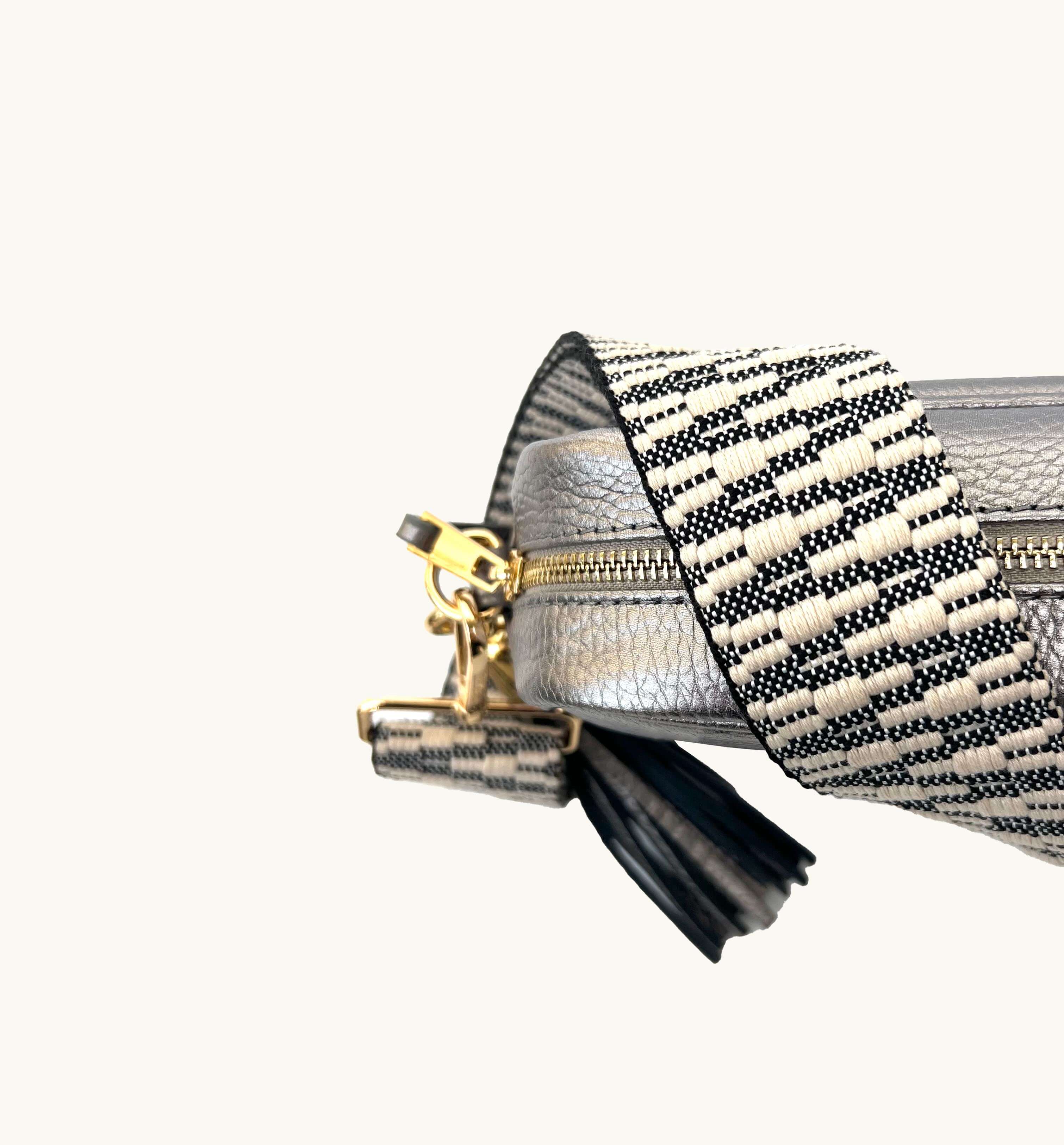 Apatchy London The Tassel Pewter Leather Crossbody Bag With Midnight Zigzag Strap