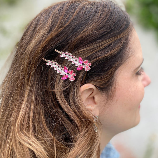 QueenMee Pink Hair Slides Pink Hair Grips Sparkly Hair Slides Floral Set of 2