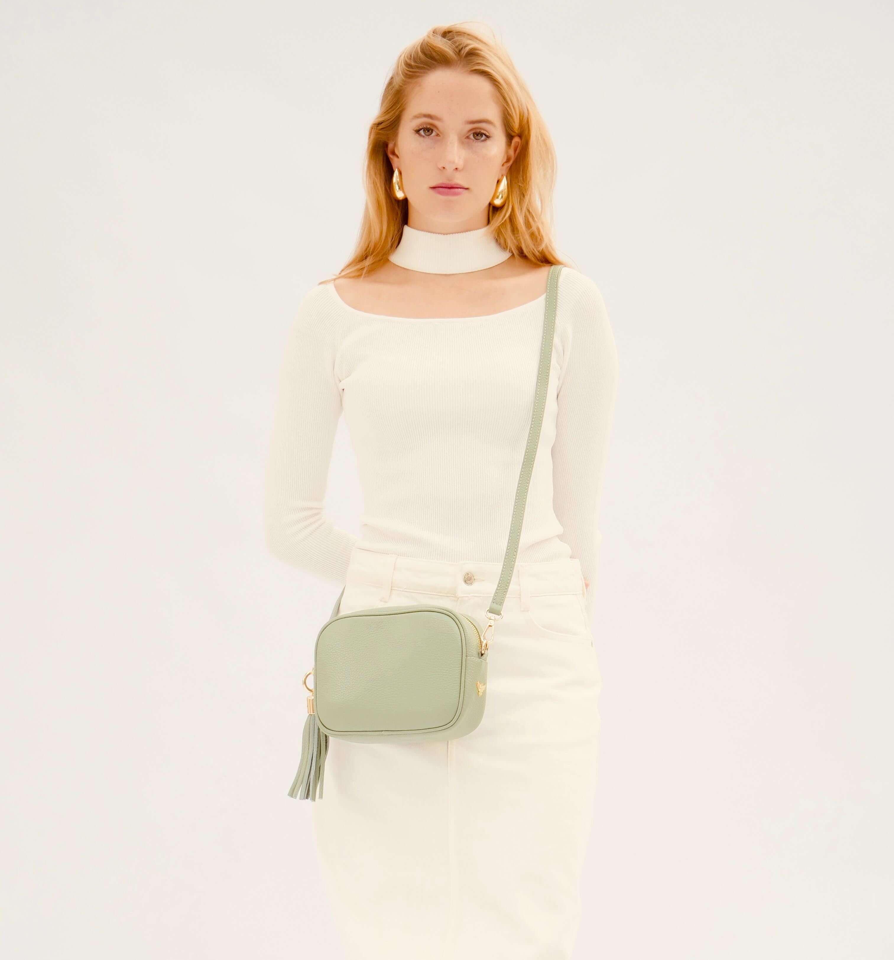 Apatchy London The Tassel Pistachio Leather Crossbody Bag With Pistachio Cross-Stitch Strap