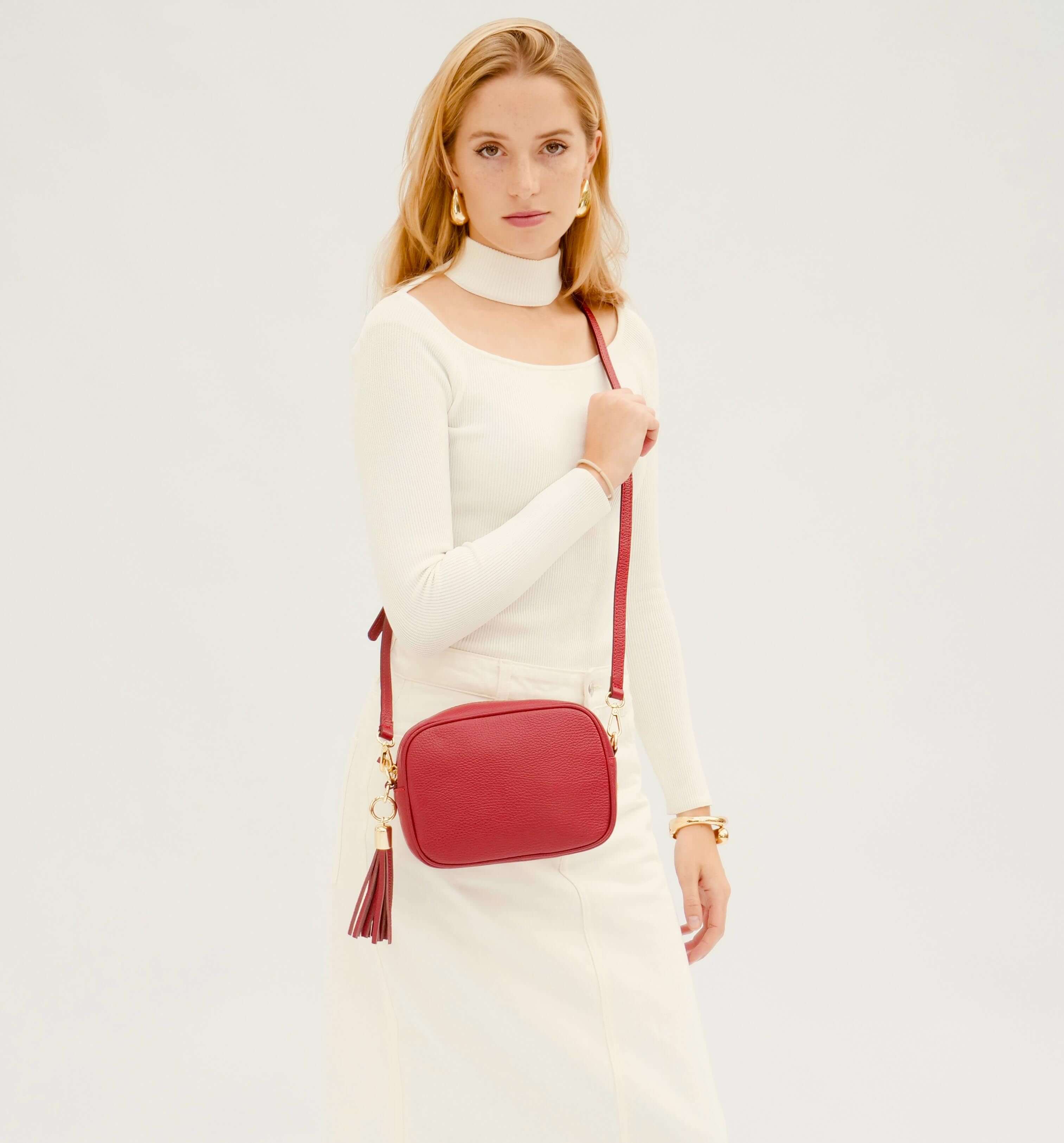 Apatchy London The Tassel Cherry Leather Crossbody Bag With Cross-Stitch Strap