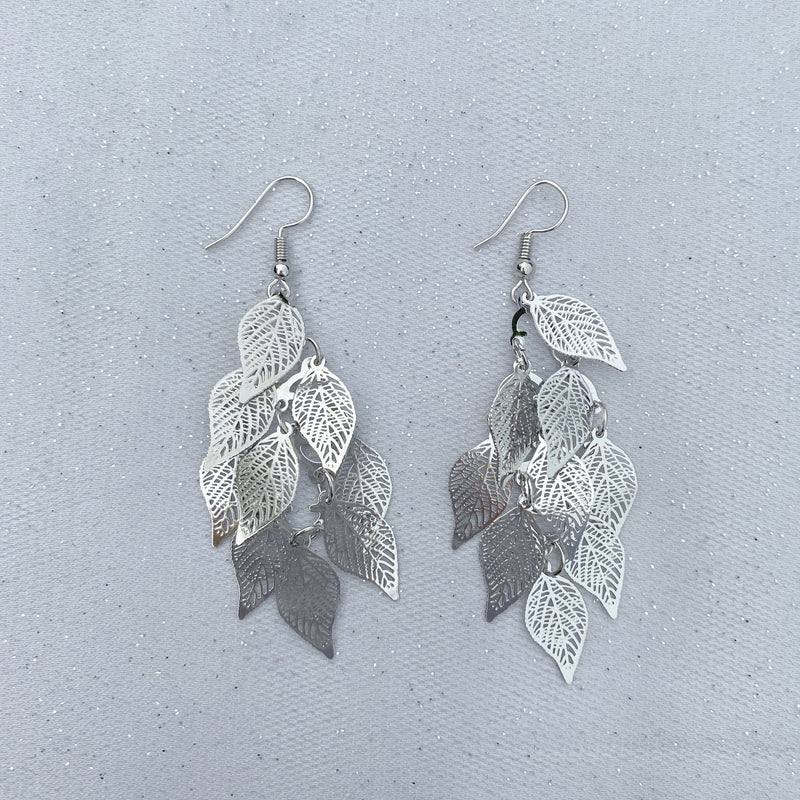 QueenMee Silver Dangly Earrings Boho Earrings Leaf
