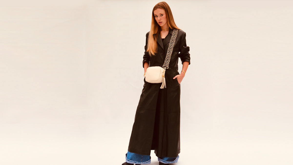 Apatchy London The Tassel Stone Leather Crossbody Bag With Apricot Cheetah Strap