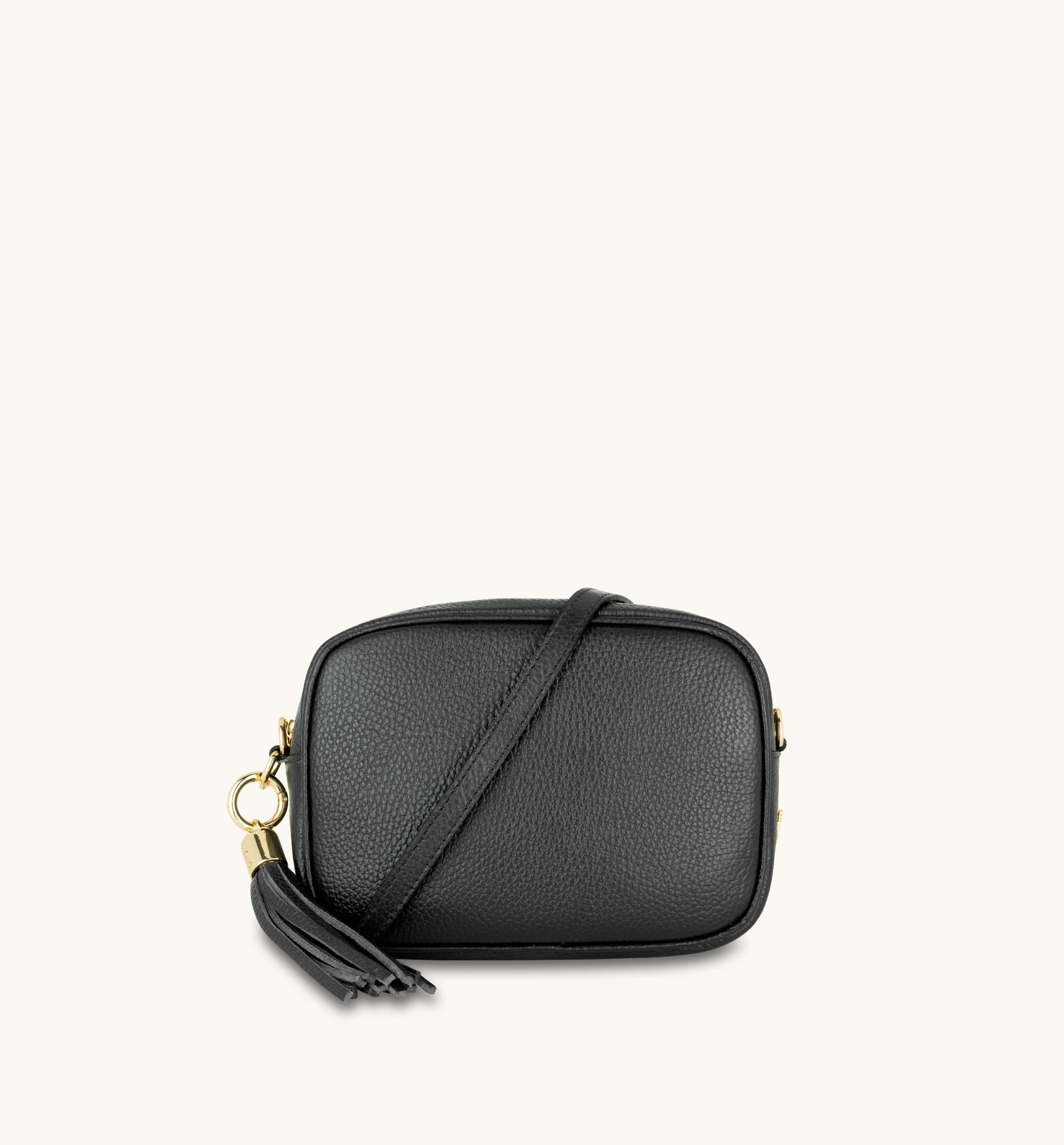 Apatchy London The Tassel Black Leather Crossbody Bag With Leather & Canvas Strap