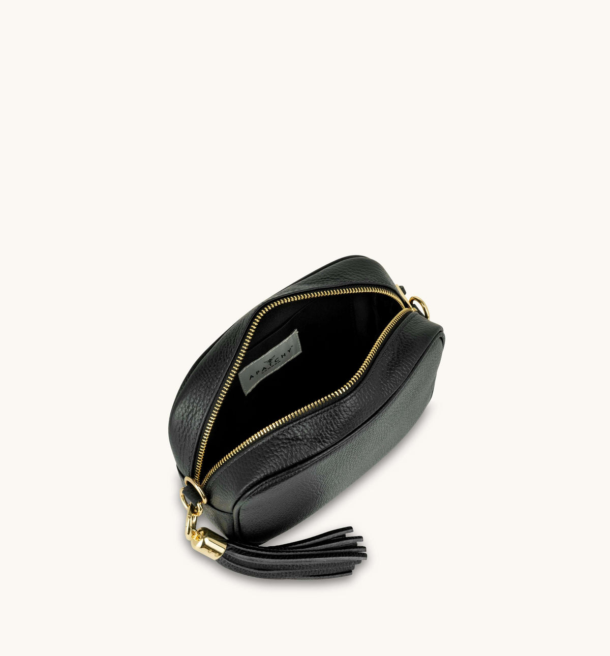 Apatchy London The Tassel Black Leather Crossbody Bag With Cappuccino Dots Strap