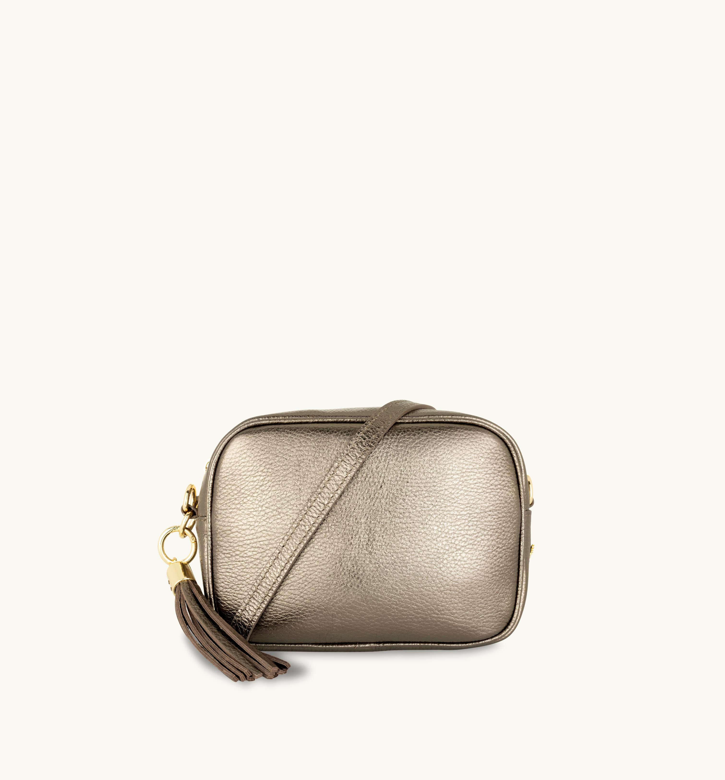 Apatchy London The Tassel Bronze Leather Crossbody Bag With Black & Gold Chevron Strap
