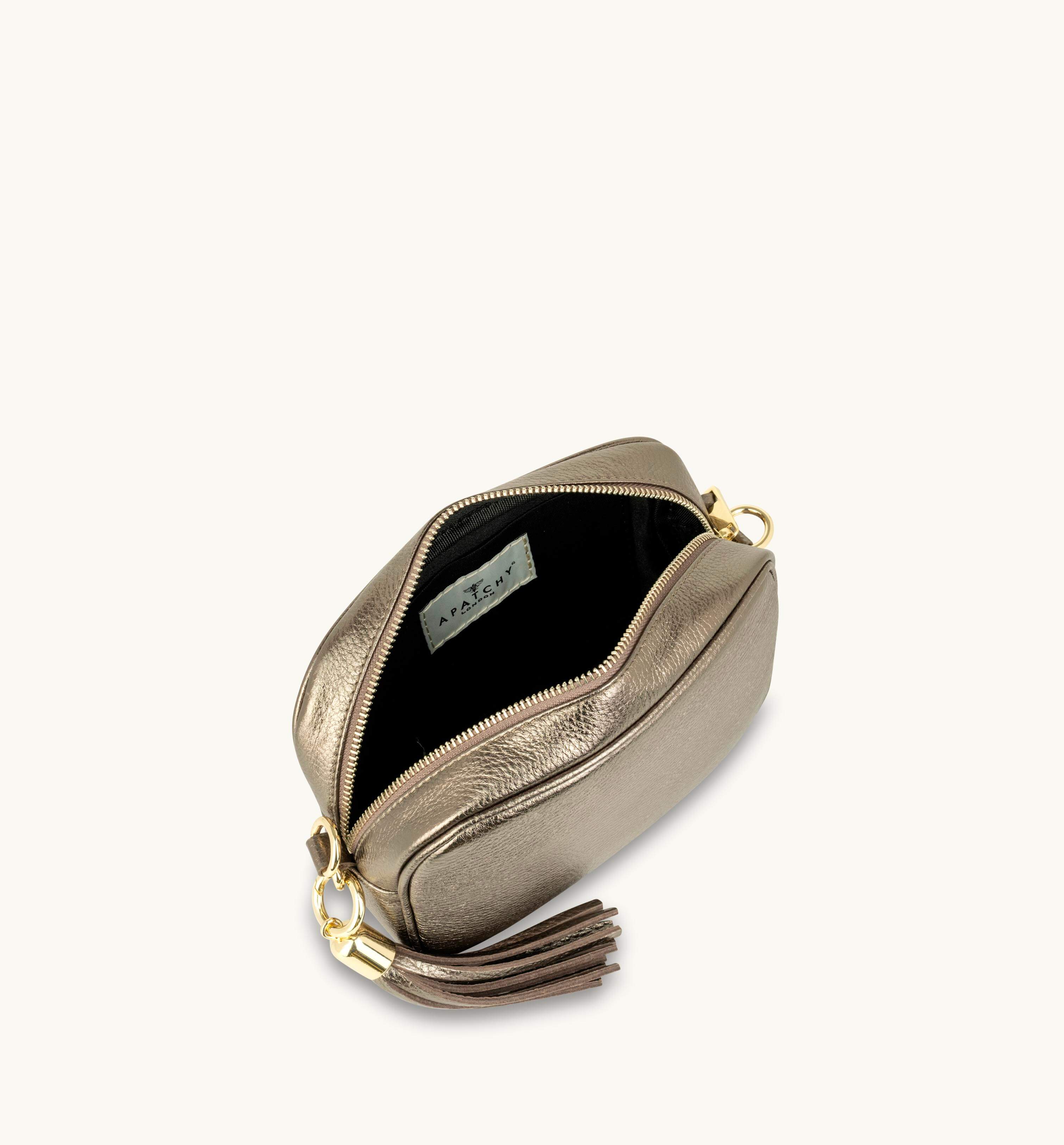 Apatchy London The Tassel Leather Crossbody Bag With Black & Gold Chevron Strap