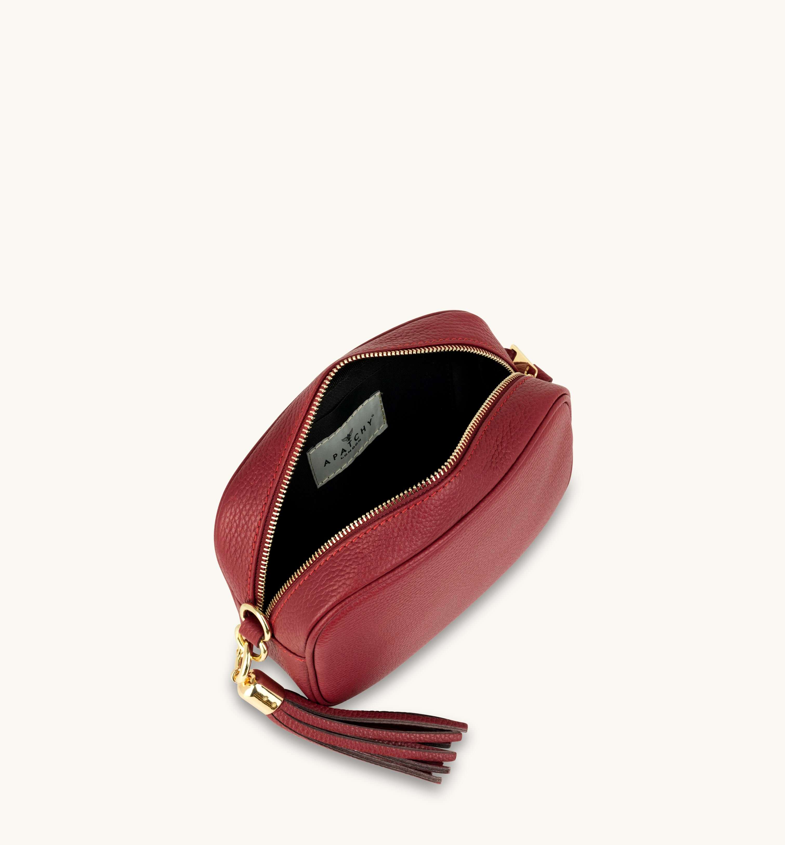 Apatchy London The Tassel Cherry Leather Crossbody Bag With Cross-Stitch Strap