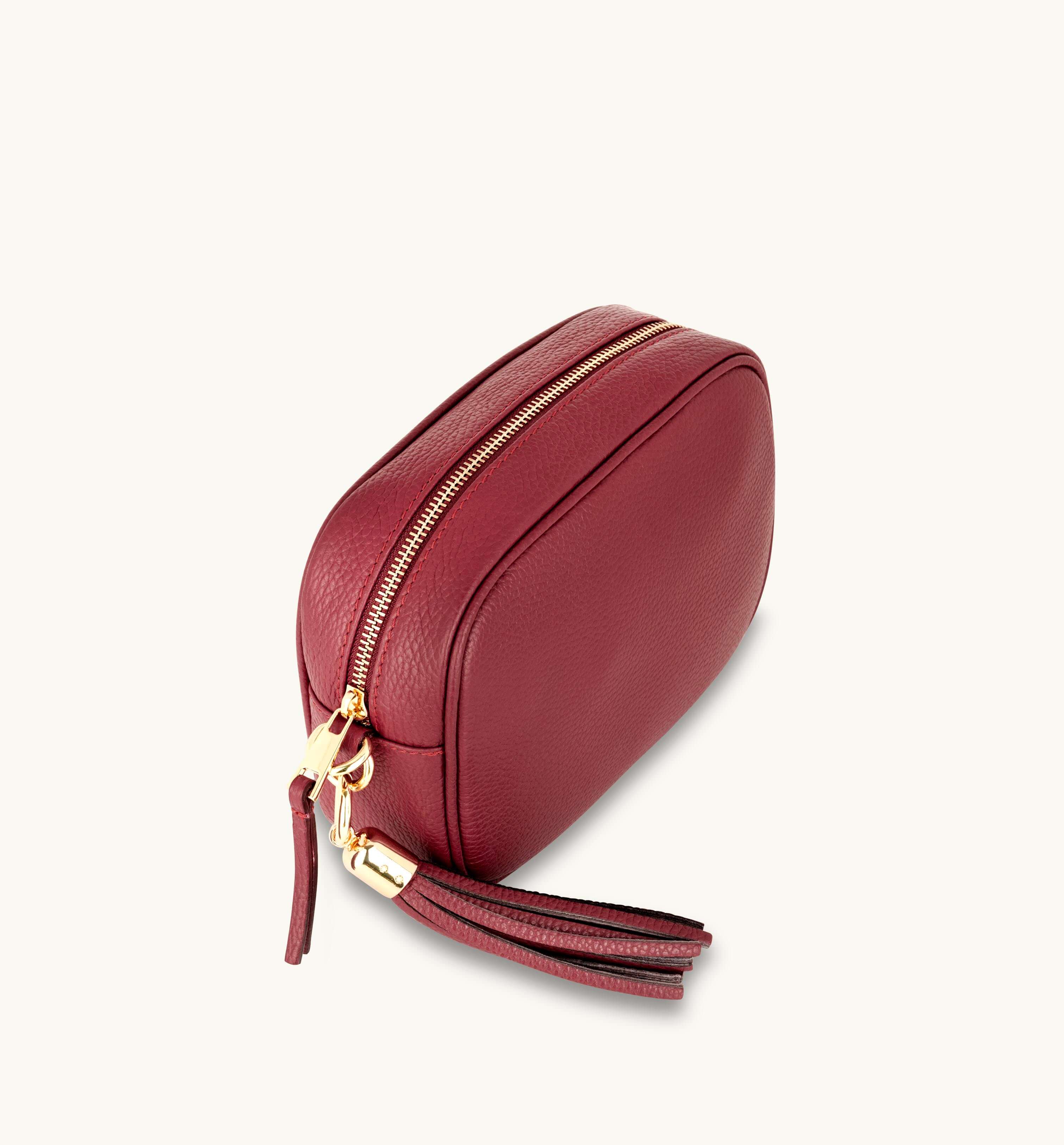 Apatchy London The Tassel Cherry Leather Crossbody Bag With Cross-Stitch Strap