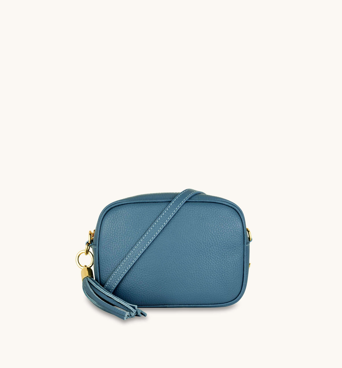 Apatchy London The Tassel Denim Blue Leather Crossbody Bag With Denim Blue Chevron Strap