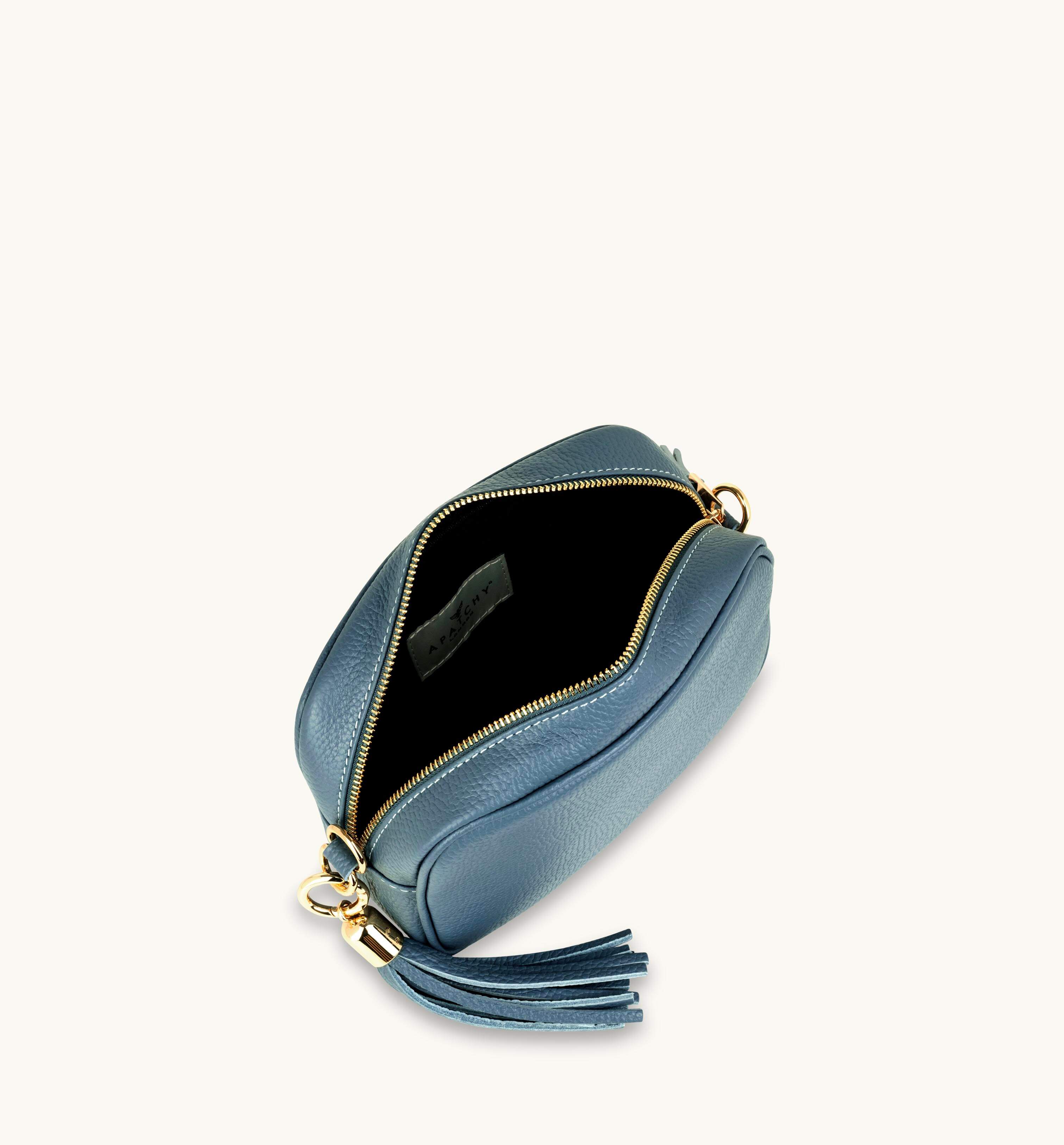 Apatchy London The Tassel Denim Blue Leather Crossbody Bag With Gold Chain Strap