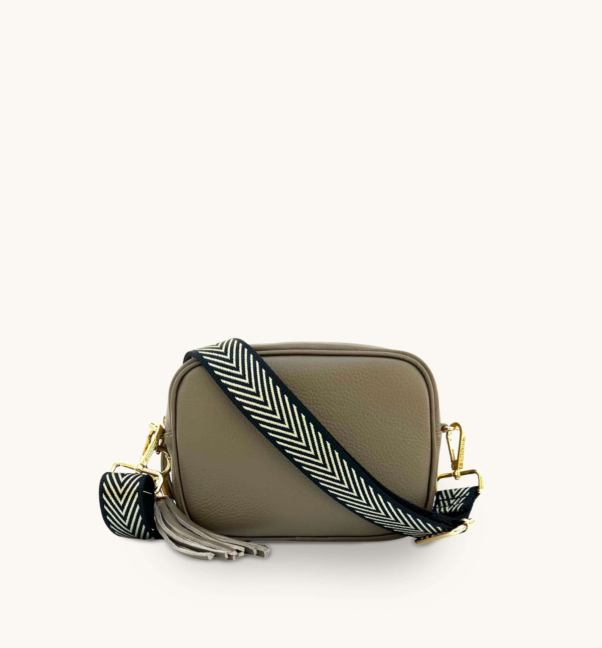 Apatchy London The Tassel Latte Leather Crossbody Bag With Black & Gold Chevron Strap