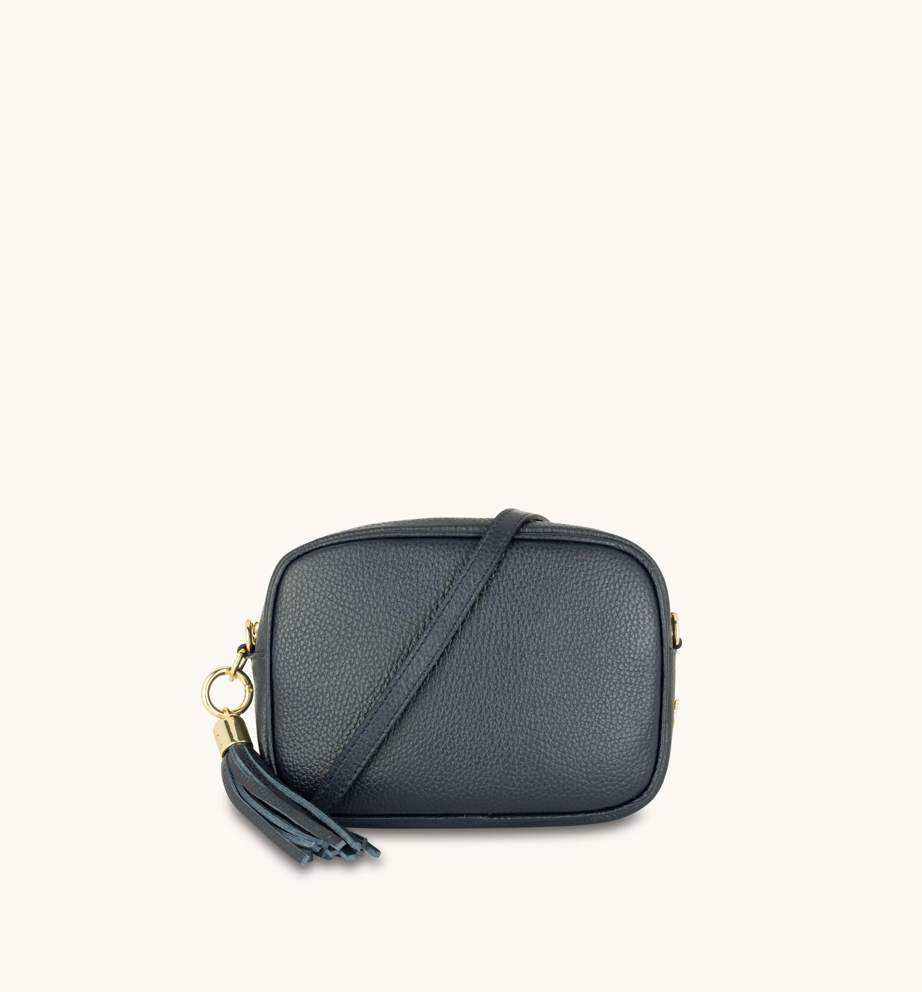 Apatchy London The Tassel Navy Leather Crossbody Bag With Leather & Canvas Strap