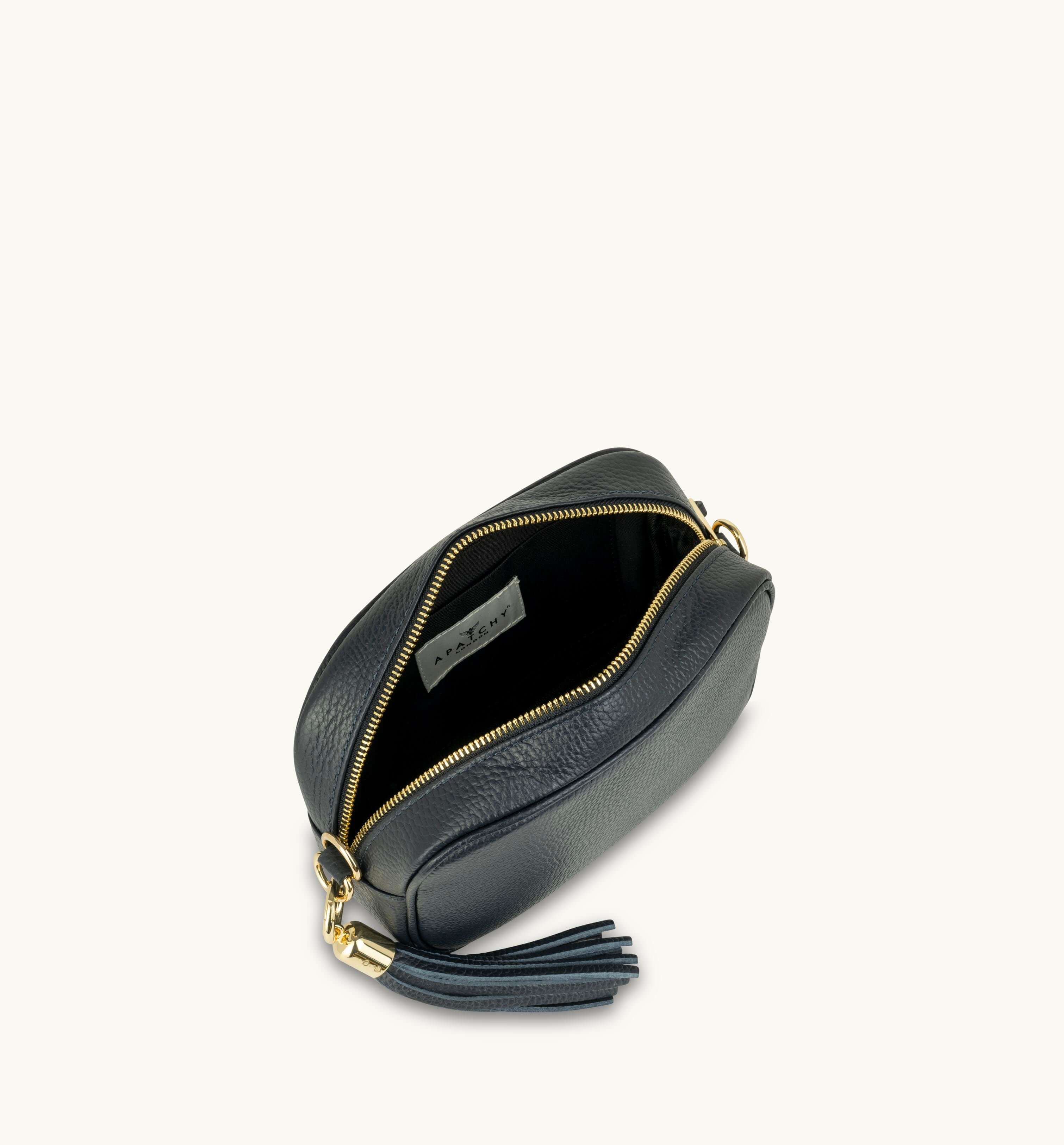 Apatchy London The Tassel Navy Leather Crossbody Bag With Olive Green Cheetah Strap